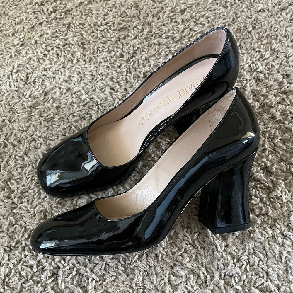 Stuart Weitzman Patent Leather Block Heel Pumps Black size 7.5